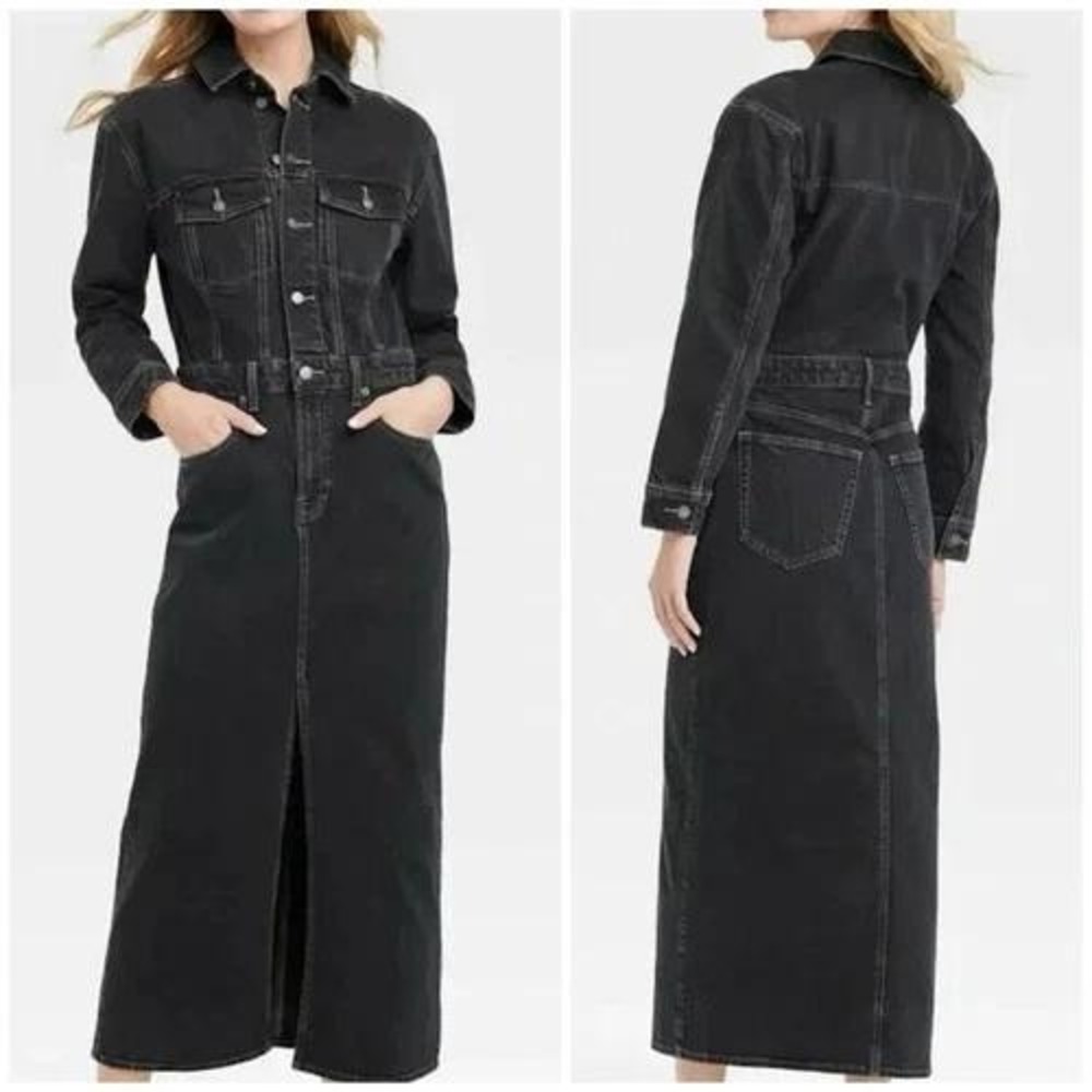 Universal Thread Womens Denim Maxi Dress Washed Black Button Front Slit Size 6